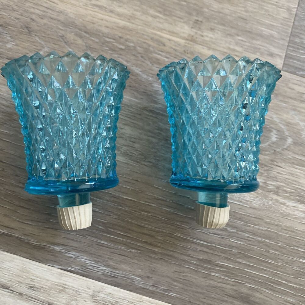 Homco Blue Glass Diamond Cup Peg Candle Sconce Votive Tea Light Holder Set Of 2